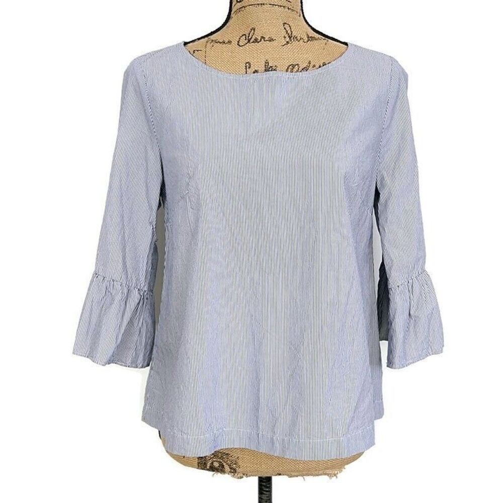 Madewell Womens sz S Top Blue Striped 3/4 Bell Sleeve Round Neck‎